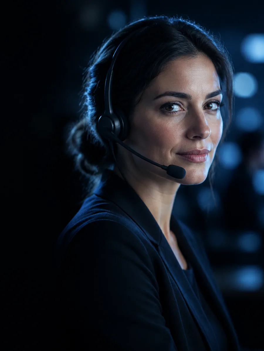 A ScaileAI contact-center operator wearing a headset, mid-conversation